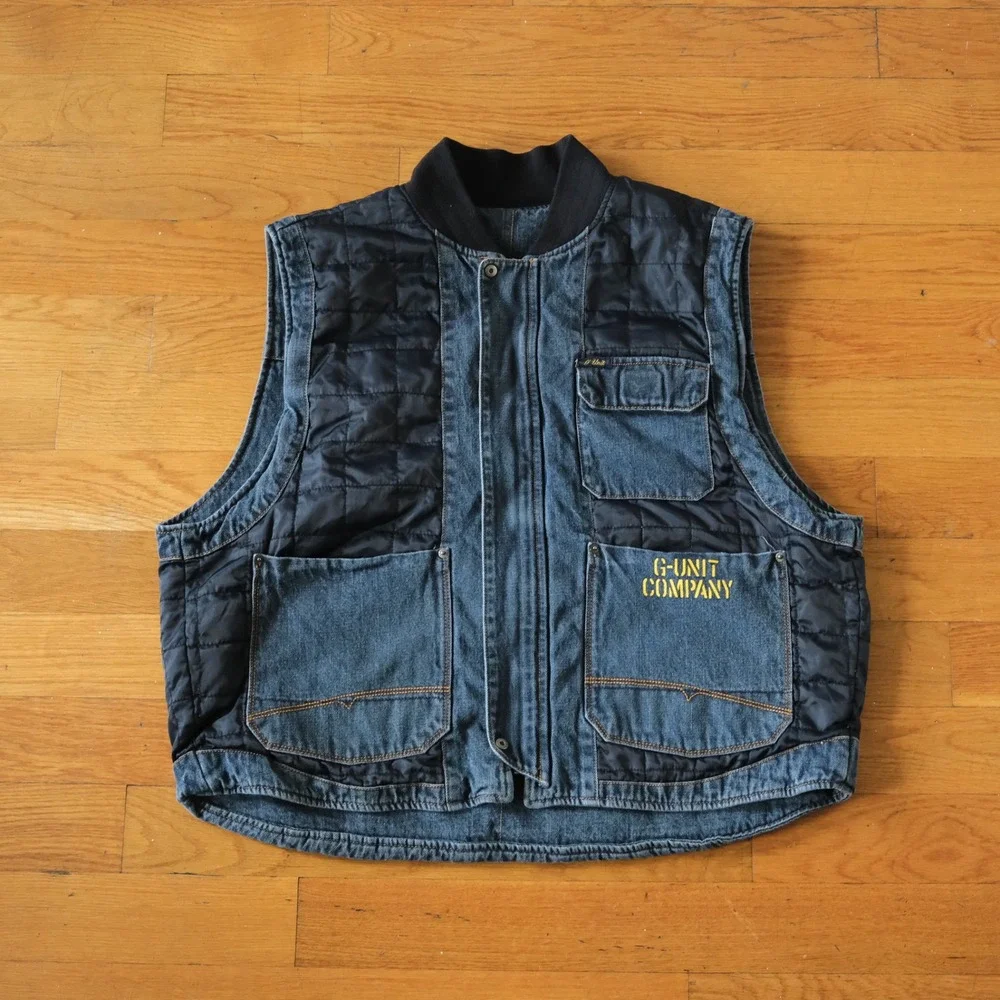 G-Unit Vest Blue Reversible Quilted Denim Hip Hop Y2K 3XL Heavyweight Bomber